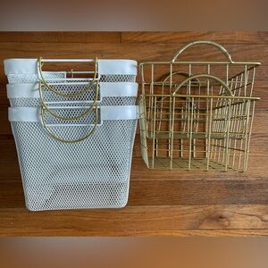 5 Storage Bins White and Gold Metal Mesh Tote Containers Square